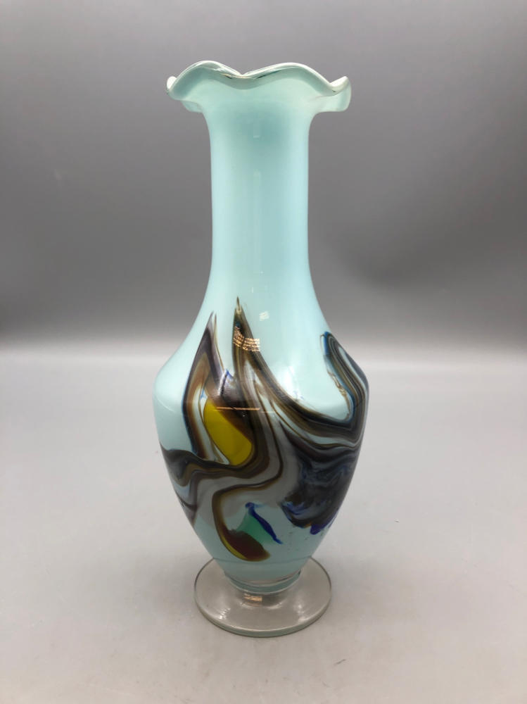 Vintage Light Blue Vase Dalian Glass Company Inspired Hand-Painted Scalloped Top