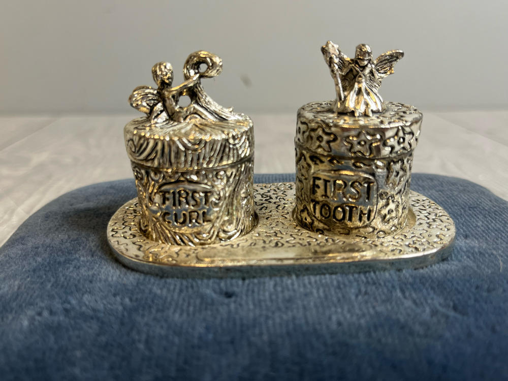 CBK Baby's First Tooth & First Curl Pewter Lidded Trinket Boxes on Tray Fairies