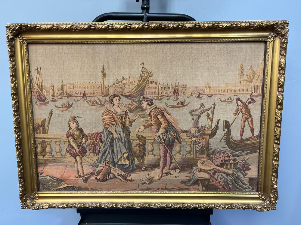 Vintage Pictorial Tapestry Romantic Tapestry in Gilded Gold Frame