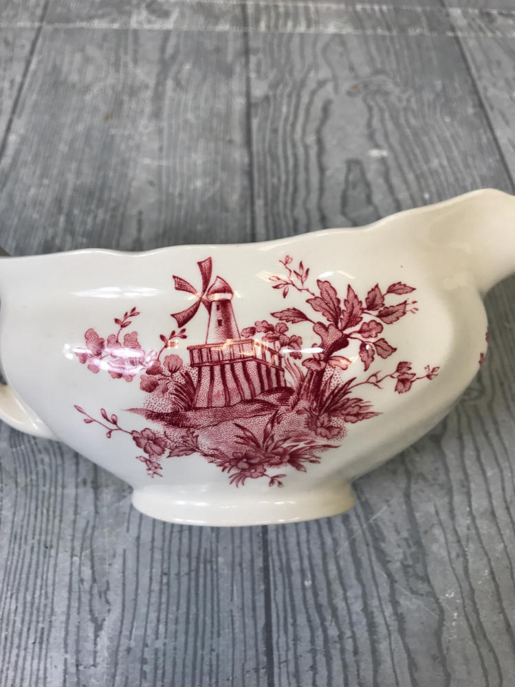 Vintage Stream Fishing Johnson Bros Gravy Dish w Handle Red Pink White England