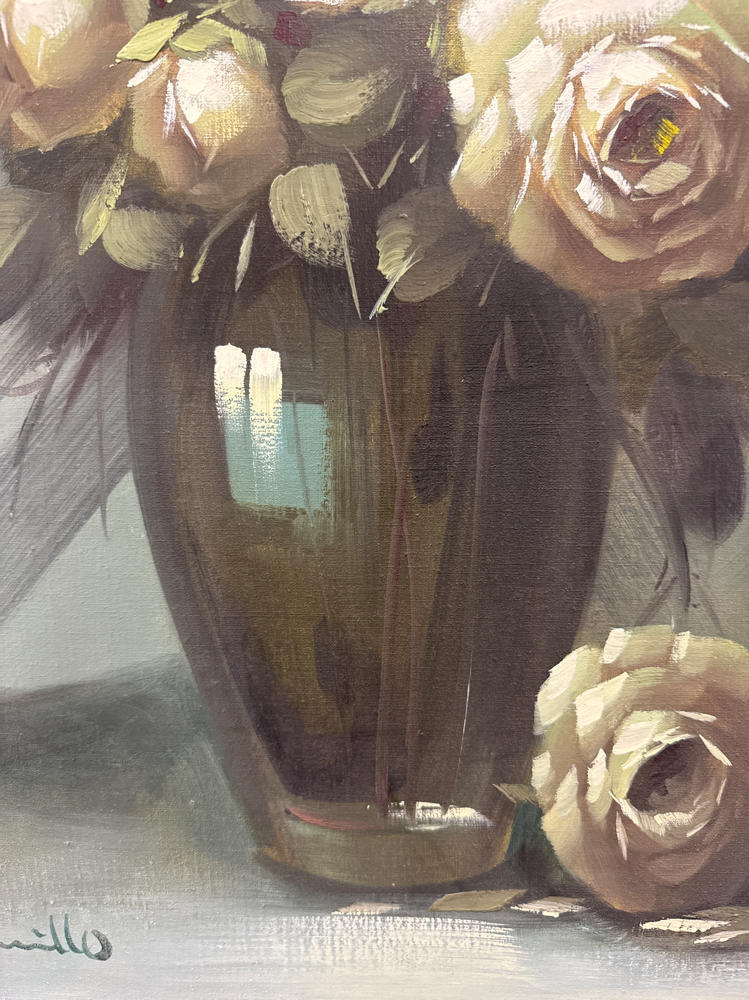 Moody Dark Floral Still Life Signed and in Wood Frame by Artist Maurillo