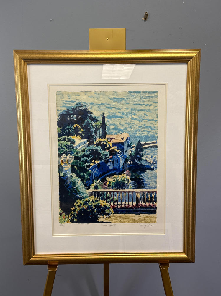 Signed Hazel Soan Terrace View 3 Sea Serigraph Painting in Gold Frame