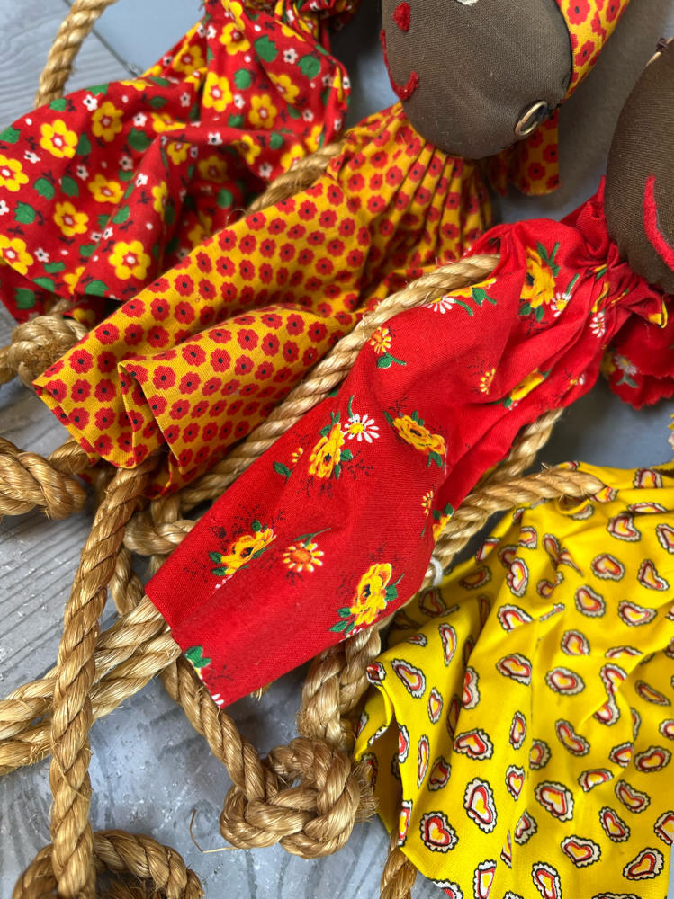 Lot of 4 Vintage Caribbean Rag Dolls Handmade Folk Art Floral Motif