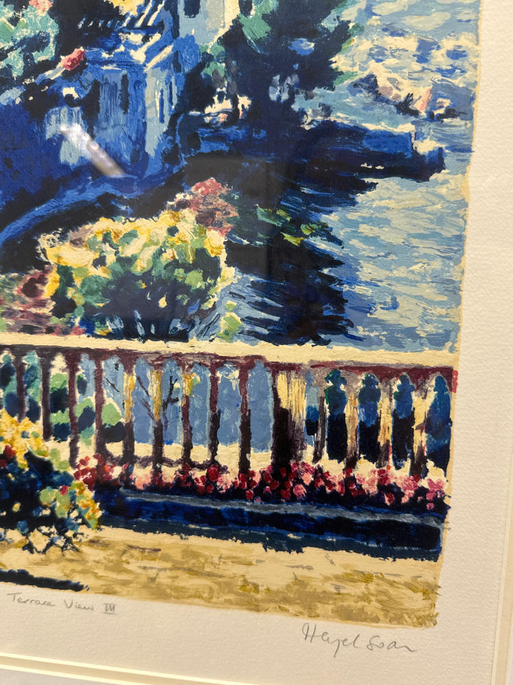 Signed Hazel Soan Terrace View 3 Sea Serigraph Painting in Gold Frame