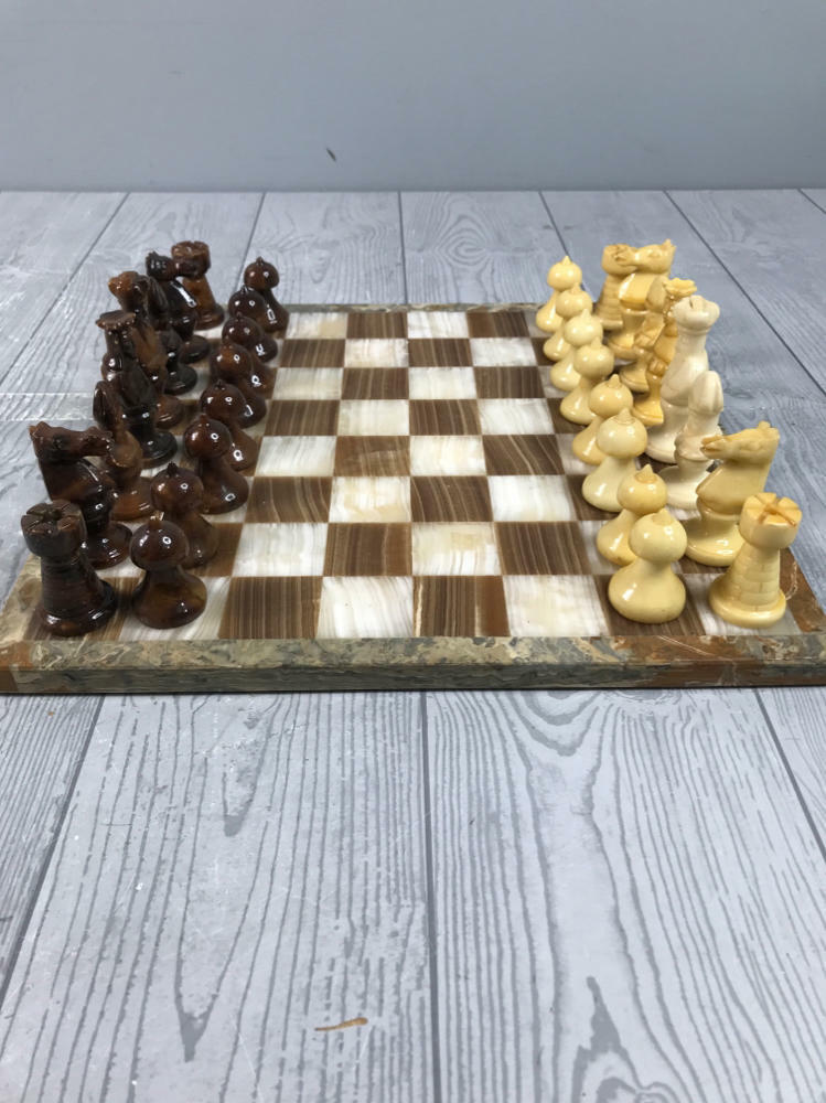 Beautiful Vintage Carved Genuine Stone Marble Chess Pieces and Board - Decor