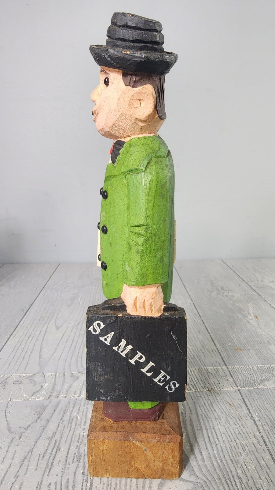 Vintage Hand Carved Wooden Statue Salesman with Cigar Wood Carving Art