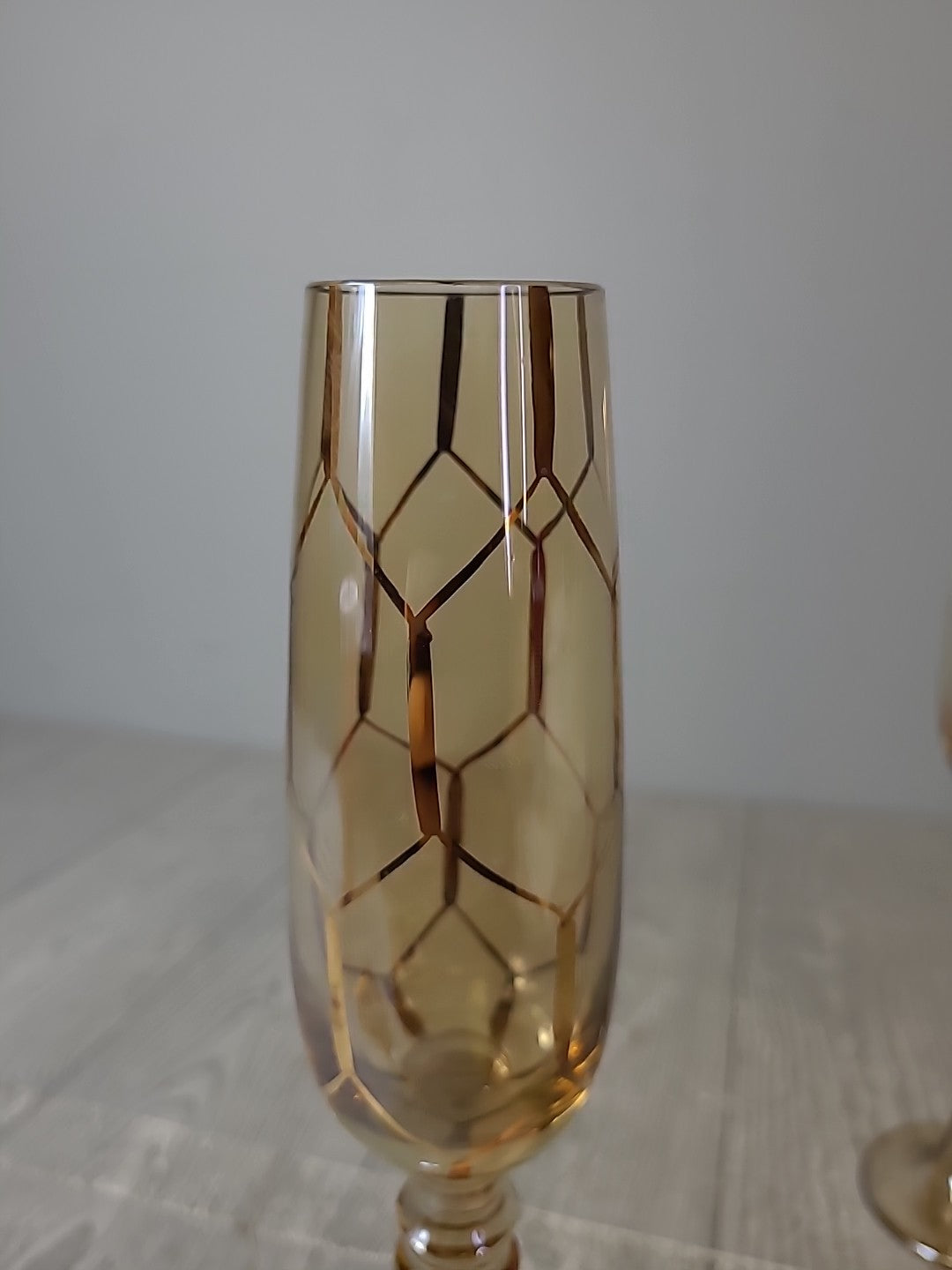 Amber and Gold Pair of Footed Champagne Flutes