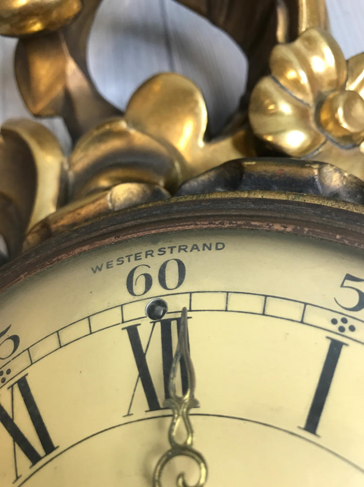 Westerstrand Swedish Hand Carved Wooden Gold Wall Hanging Clock Rococo Style