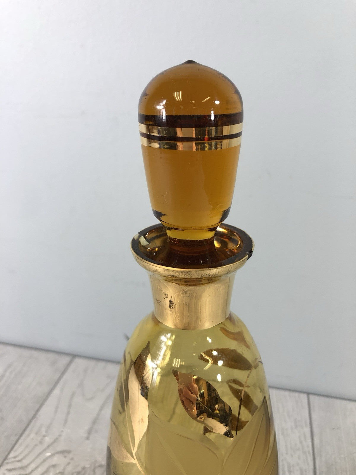 Beautiful Czech Bohemian Cut Amber Crystal Glass Etched Flower Decanter