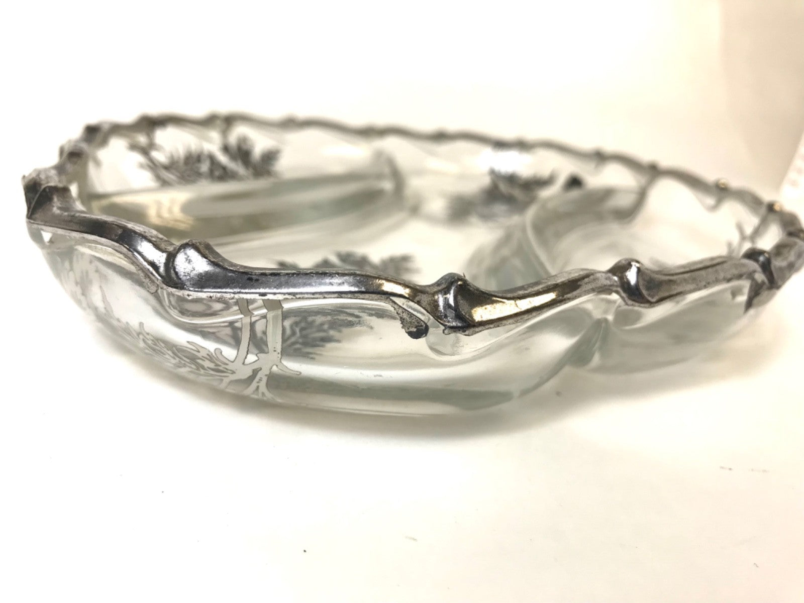 Silver City Glass Company Divided Relish Dish featuring Sterling Silver Overlay