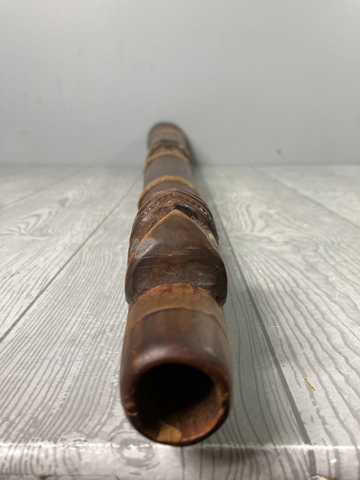 Decorative Tall Wooden Horn Shaped Polynesian Tribal Art Piece Mother of Pearl