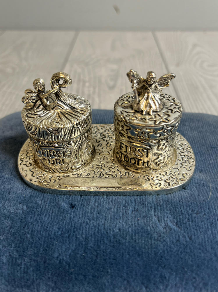 CBK Baby's First Tooth & First Curl Pewter Lidded Trinket Boxes on Tray Fairies