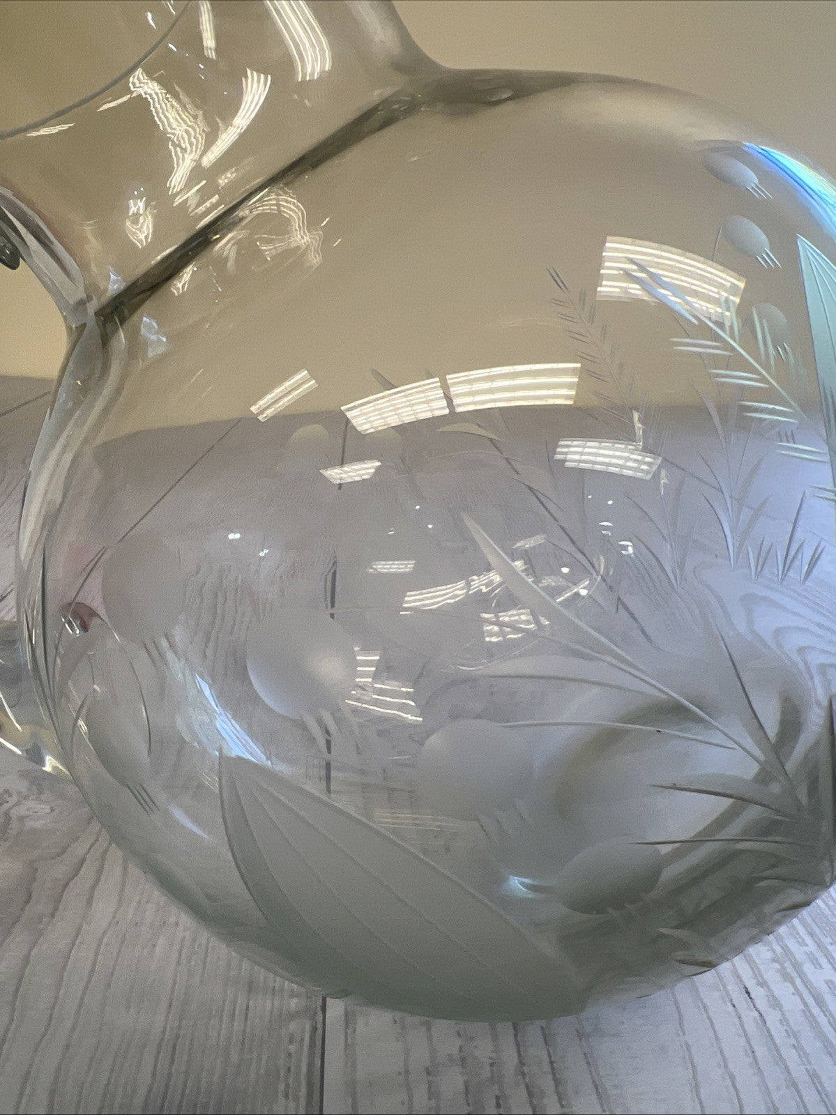 Etched Crystal Pitcher 8" Tall with Vine & Leaves Pattern - Pre-Owned