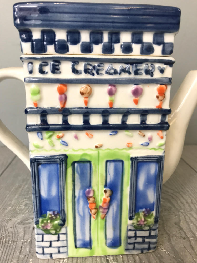 Vintage "Ice Creamery Ice Cream" Store Novelty Teapot -  Blue and White Ceramic