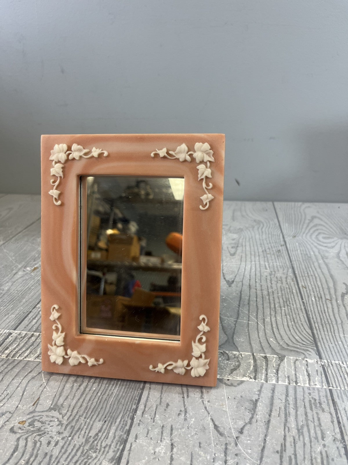 Vintage Crushed Glass Mirror Frame Alabaster- Look Raised Carved Floral