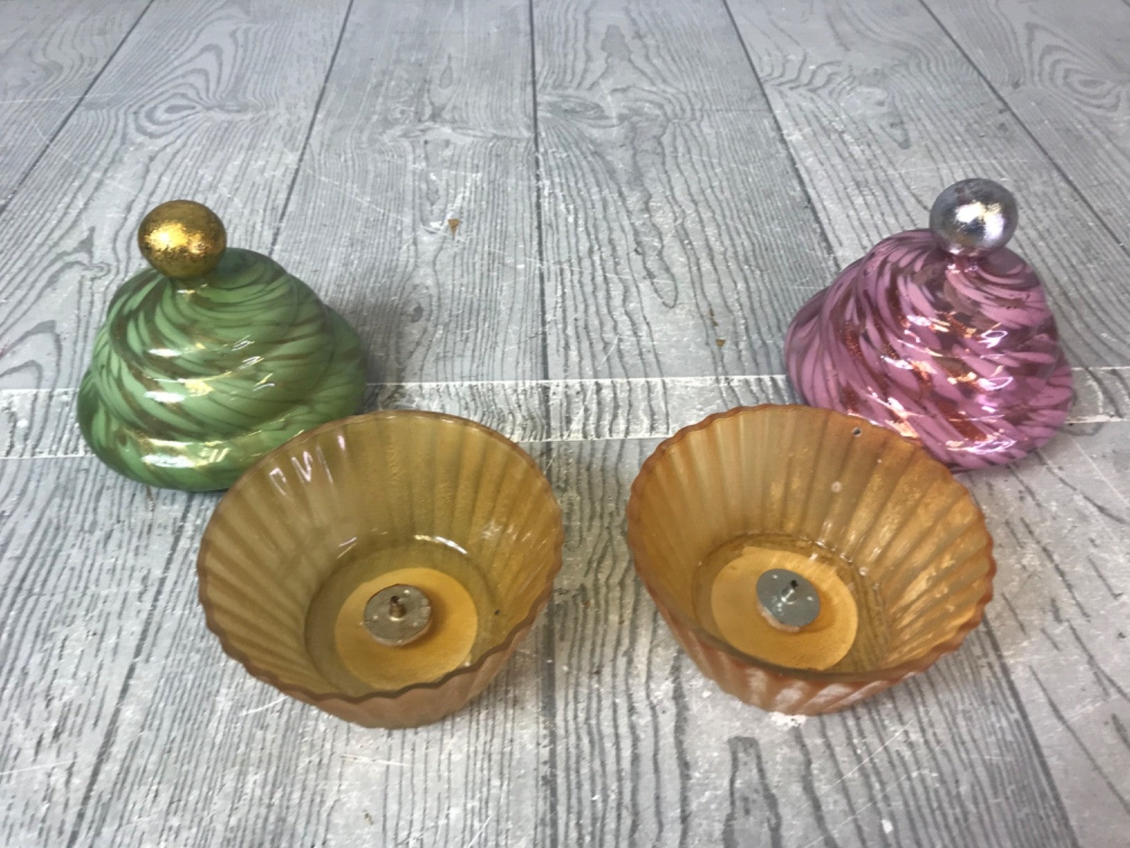 Pair of Green and Pink Anthropologie Cupcake Glass Candle Holders - No Candles