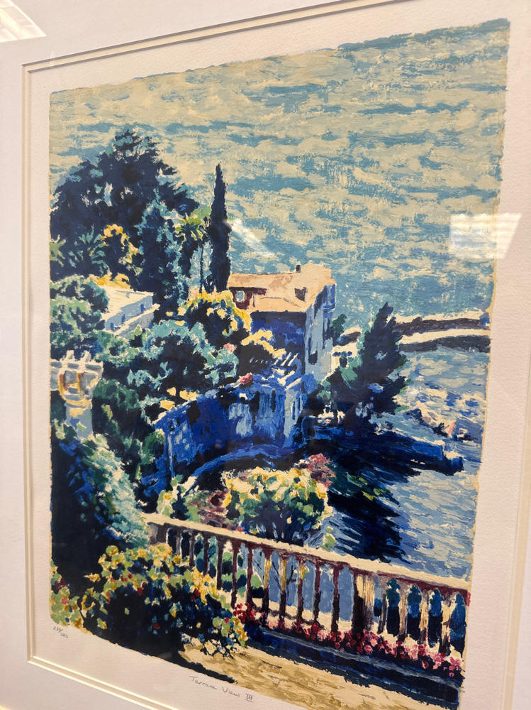 Signed Hazel Soan Terrace View 3 Sea Serigraph Painting in Gold Frame
