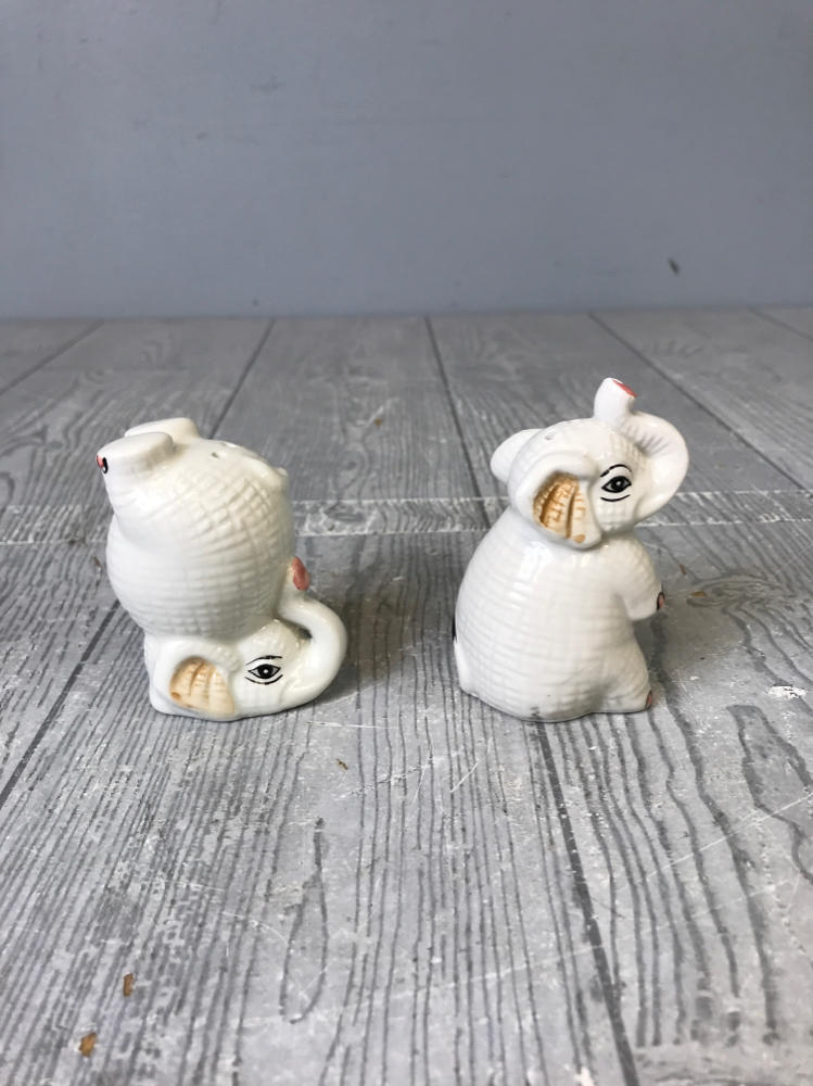 Elephant Ceramic Salt and Pepper Shakers Upside Down on Head White w/ Pink