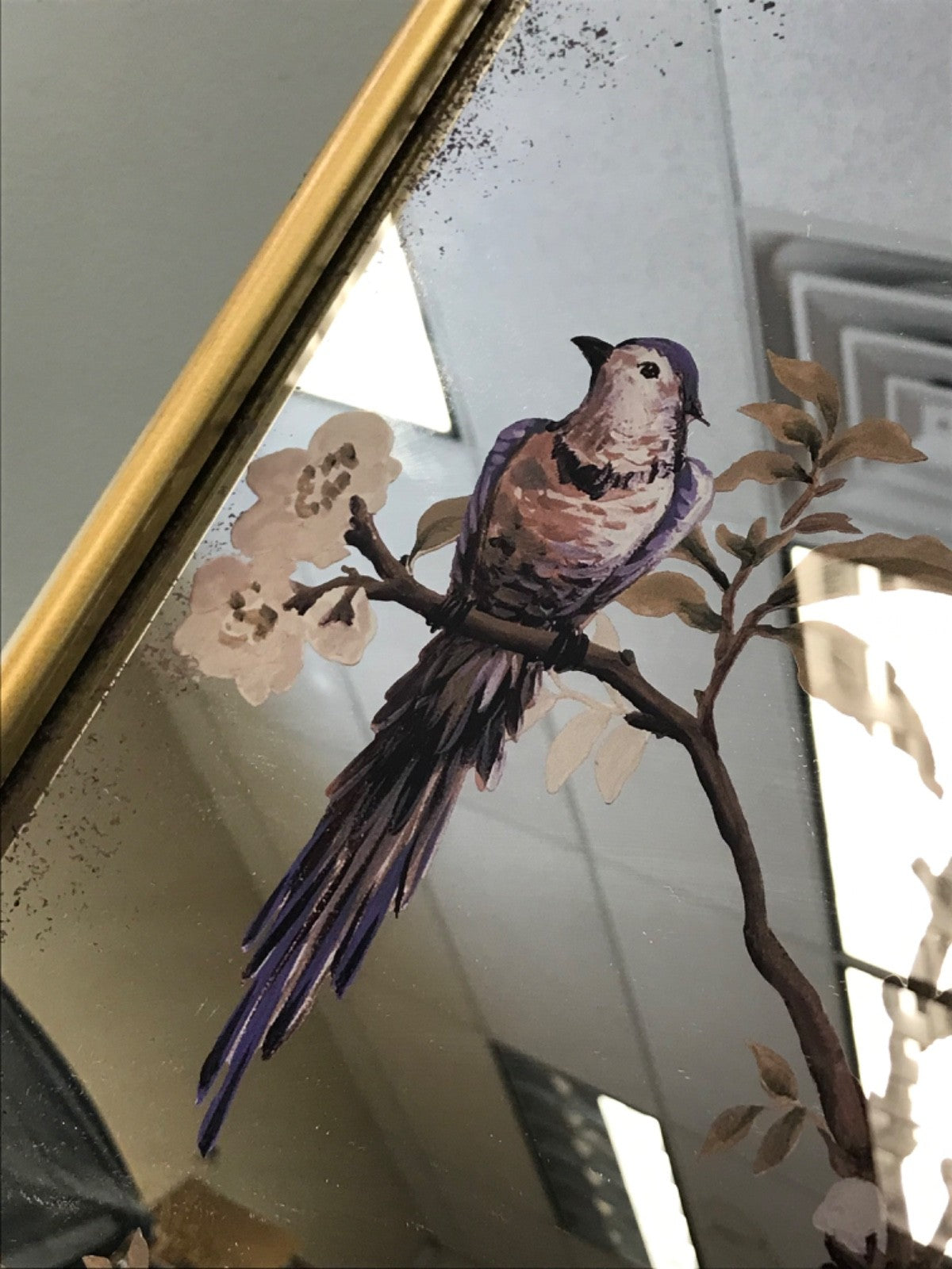 Kirkland's Home Large Gold Trim Mirror- Floral Painting with Birds 30"L x 42.5"H