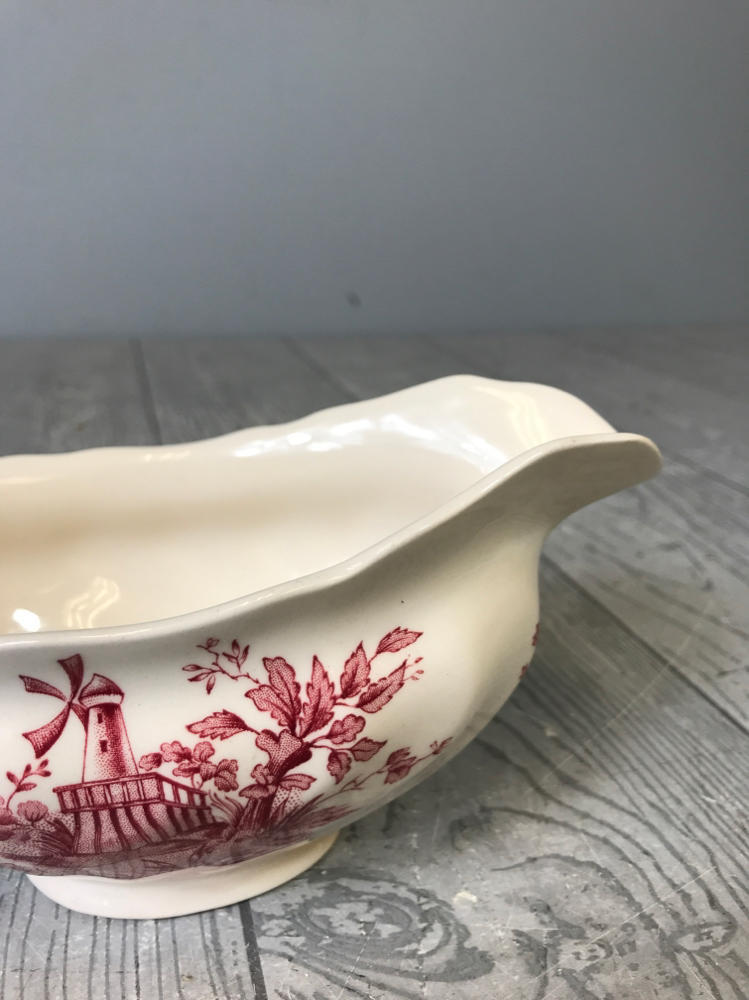 Vintage Stream Fishing Johnson Bros Gravy Dish w Handle Red Pink White England