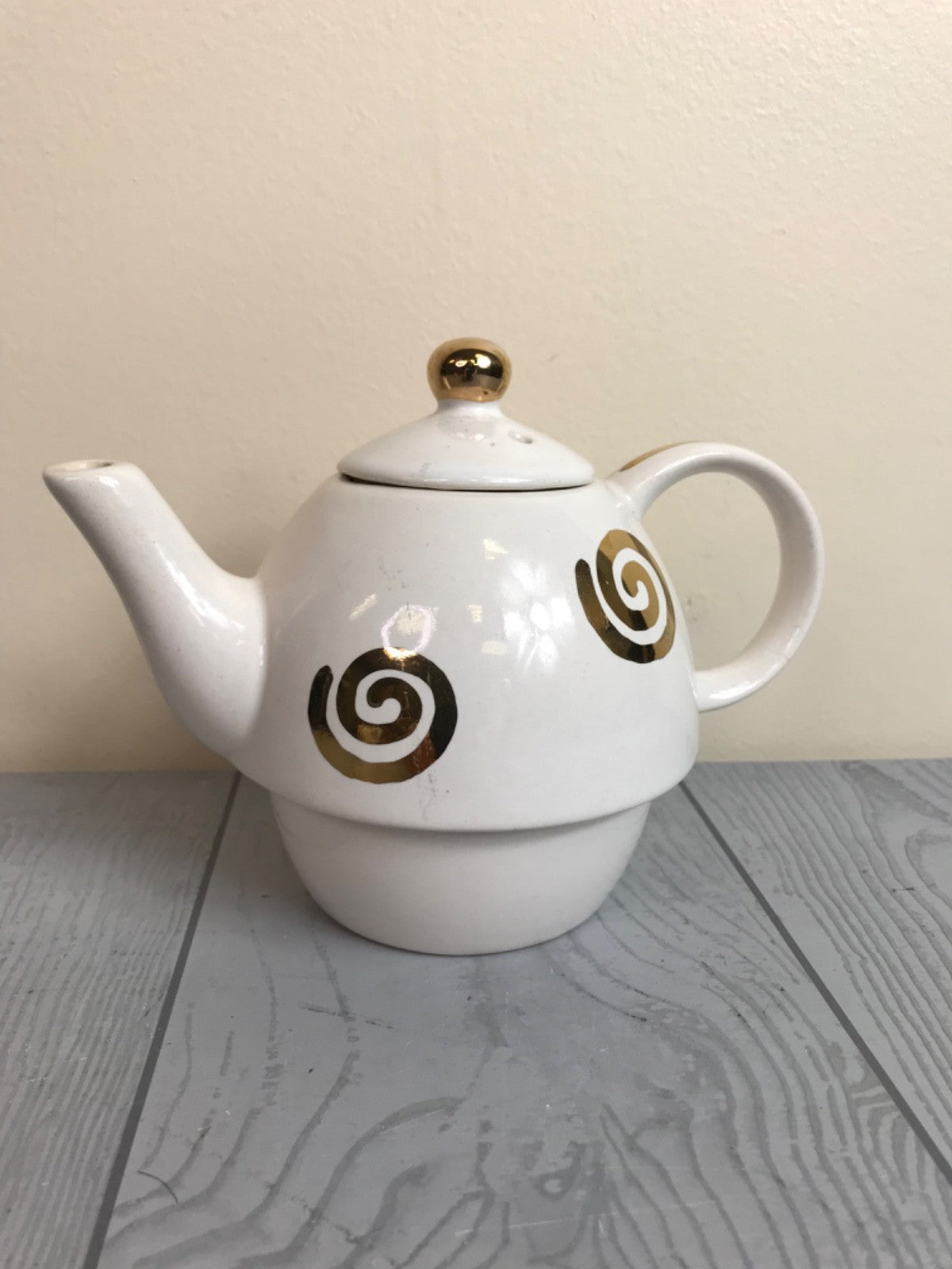 Ceramic White with Gold Swirl " Tea for One " Set with Modern Design- Pot + Cup