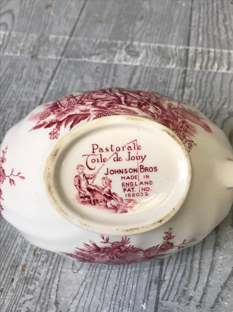 Vintage Stream Fishing Johnson Bros Gravy Dish w Handle Red Pink White England