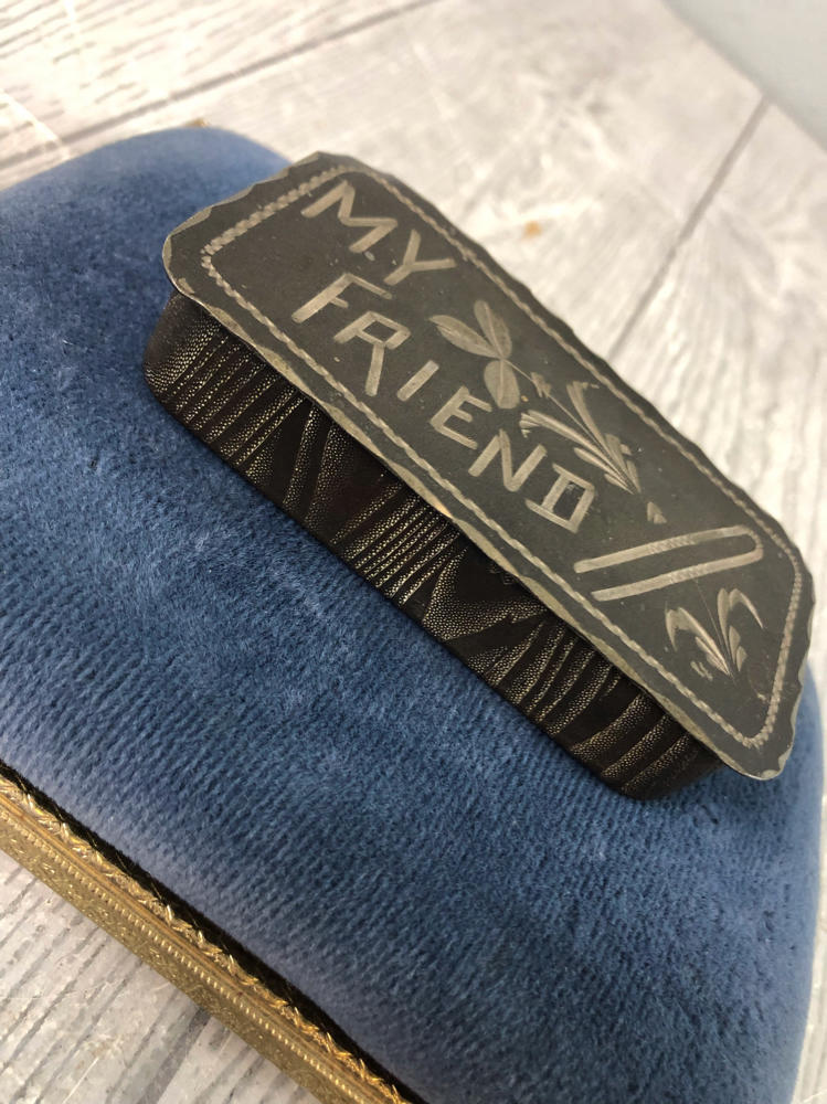 Antique Hair PIn Box My Friend Inscription Etched in Dark Metal Floral Design