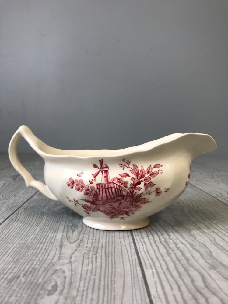 Vintage Stream Fishing Johnson Bros Gravy Dish w Handle Red Pink White England
