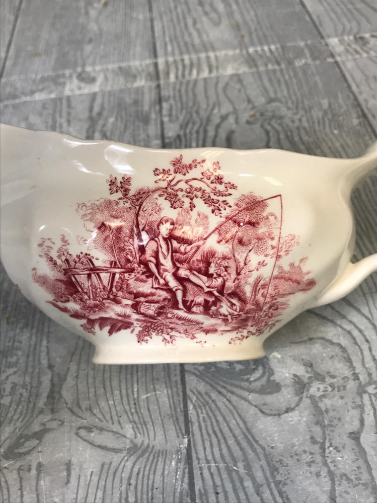 Vintage Stream Fishing Johnson Bros Gravy Dish w Handle Red Pink White England