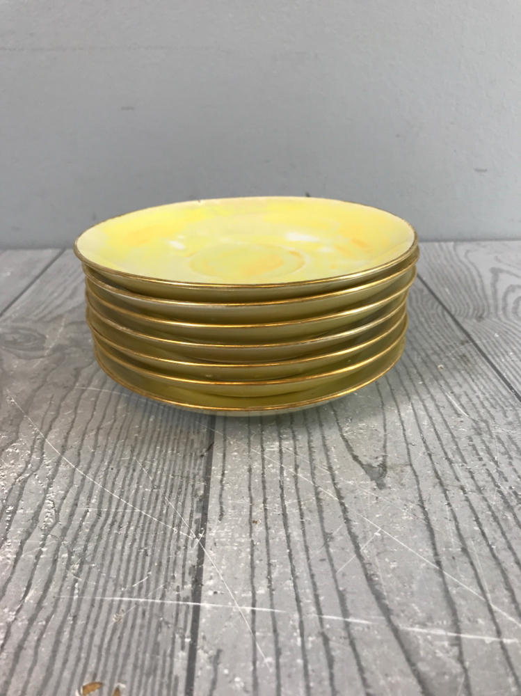 Set of 12 Yellow & White Iridescent Tea Set - 7 Saucers, 4 Cups, 1 Tea Pot
