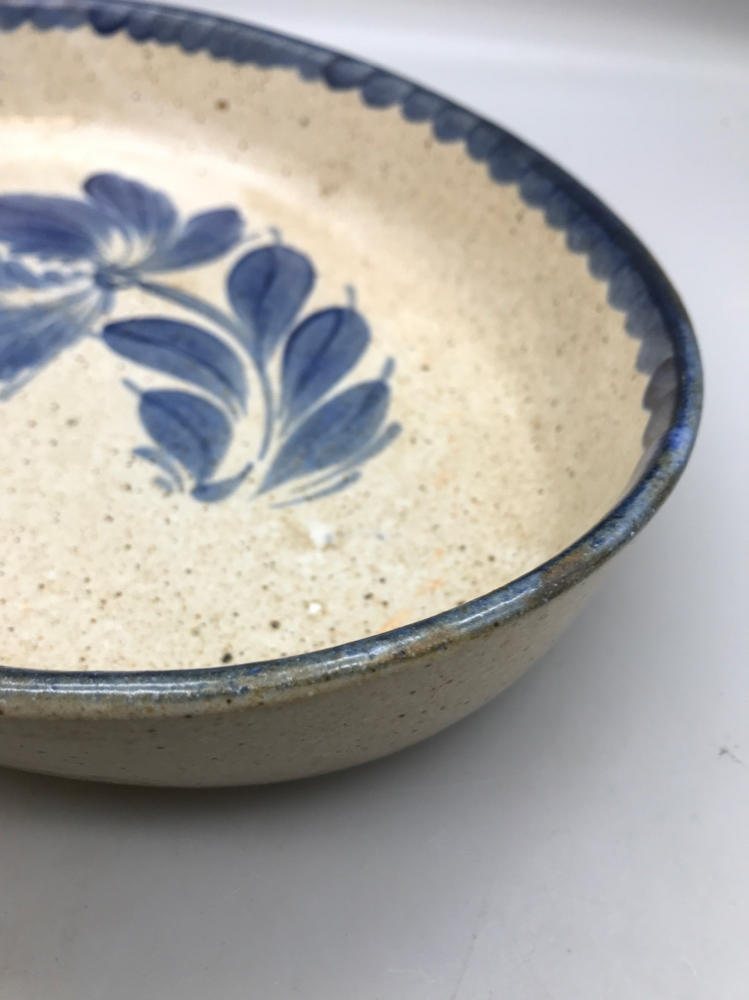 Vintage Siegfried Hand Made Deep Dish Blue Flower Pottery Plate