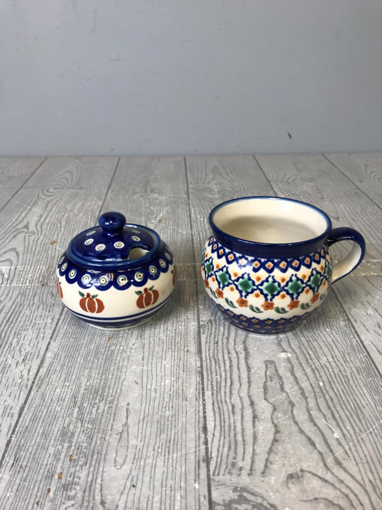 Polish Boleslawiec Pottery Pair of Bowls Cobalt Blue, Sage Green, & Ferrous Red