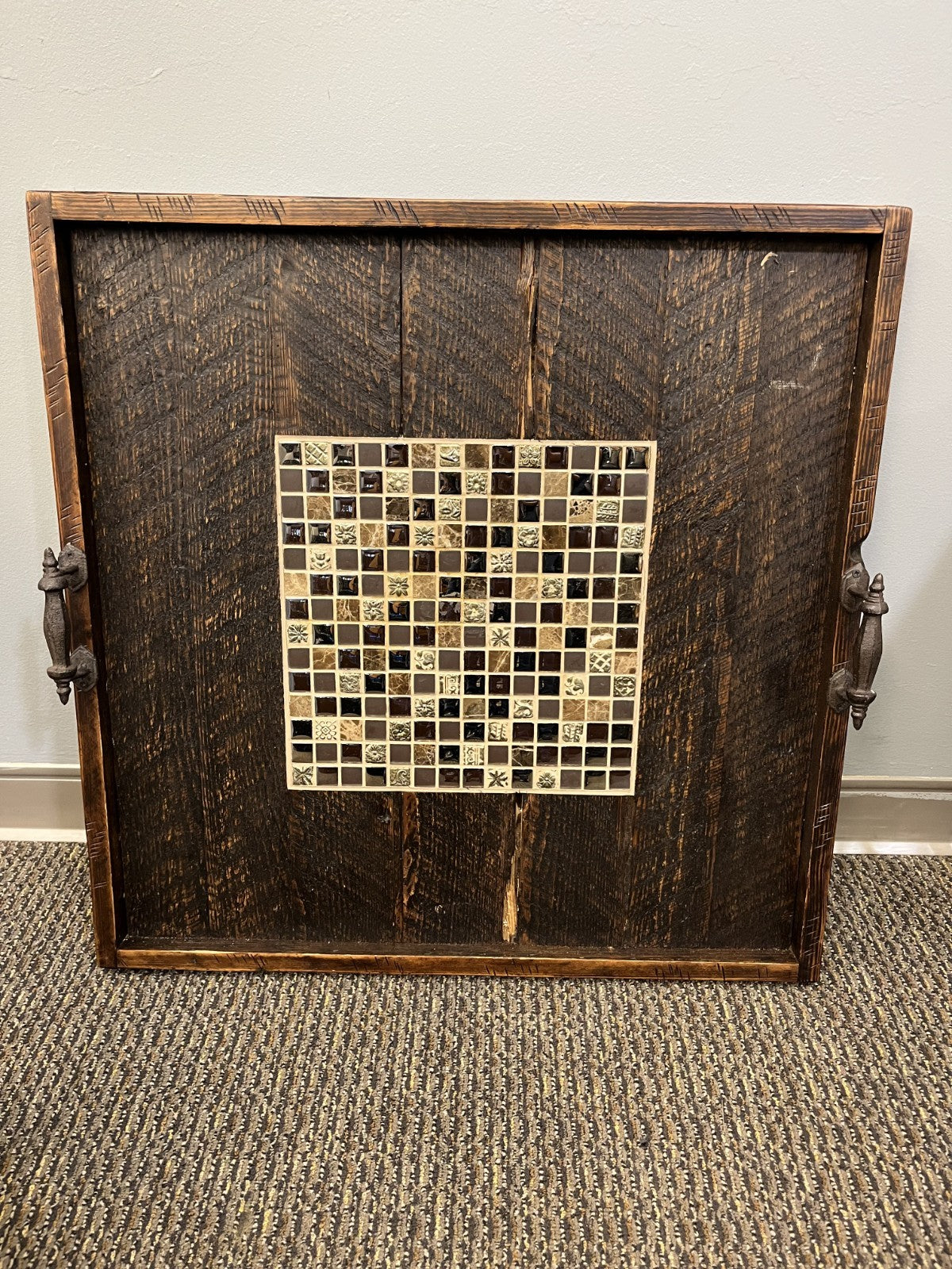 Extra Large Ottoman/Serving Tray Wood Base with Inlaid Tiles Metal Handles