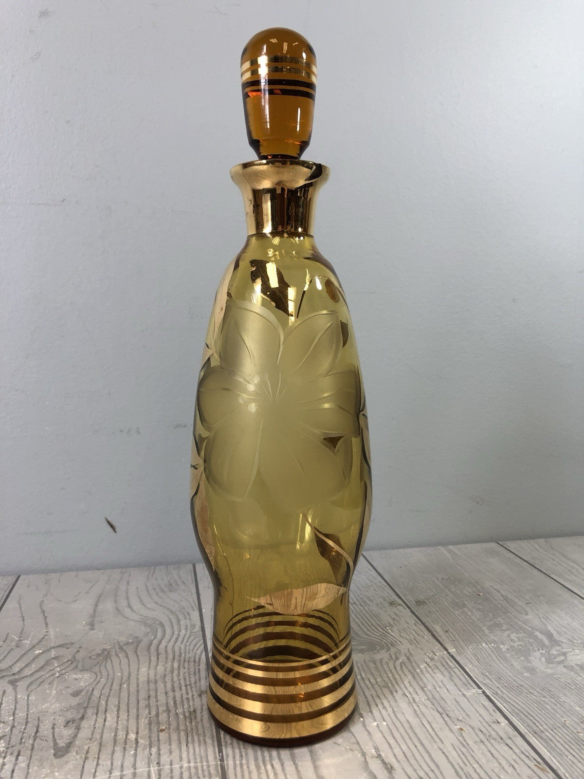 Beautiful Czech Bohemian Cut Amber Crystal Glass Etched Flower Decanter