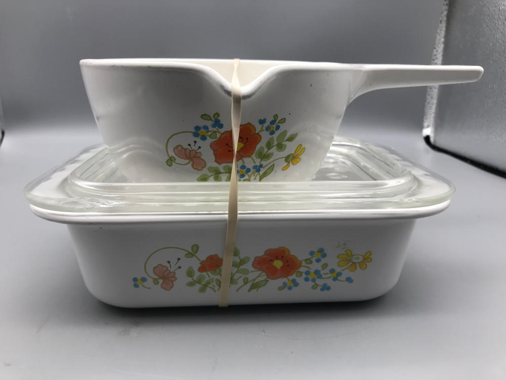 Vintage Corning Ware in Wildflower Pattern Casserole w Lid & Sauce Pan w No Lid