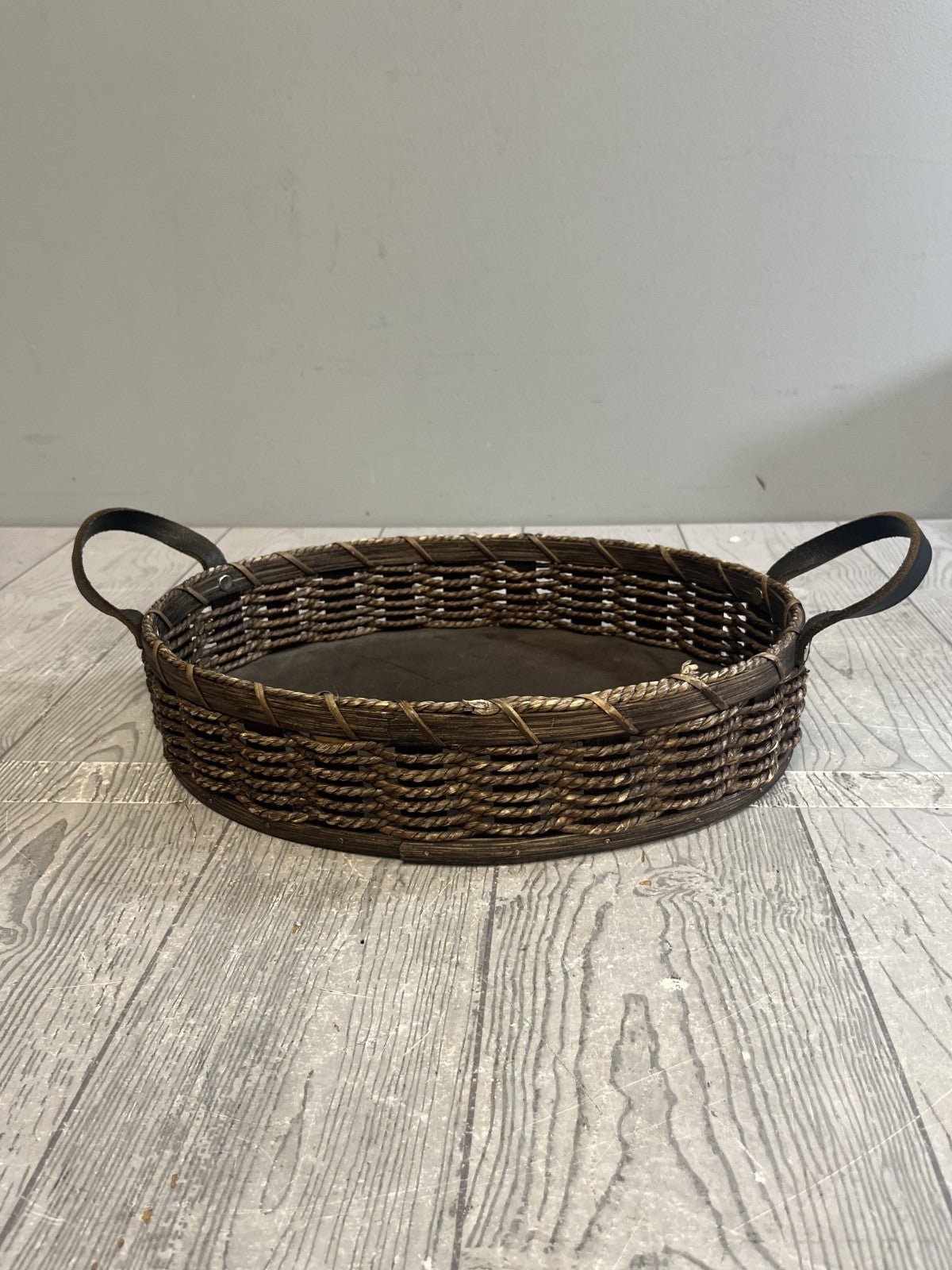 Vintage Handmade Amish Basket in Dark Brown Leather Handles Signed