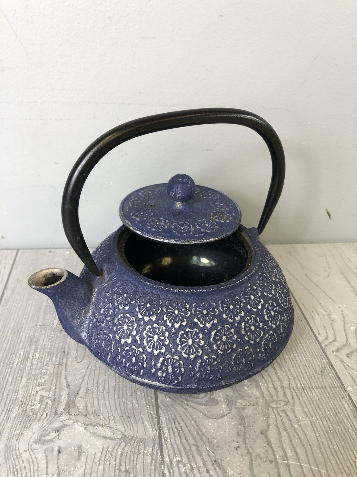 Cast Iron Ornamental Blue Teapot with Silver Flower Pattern and Black Handle