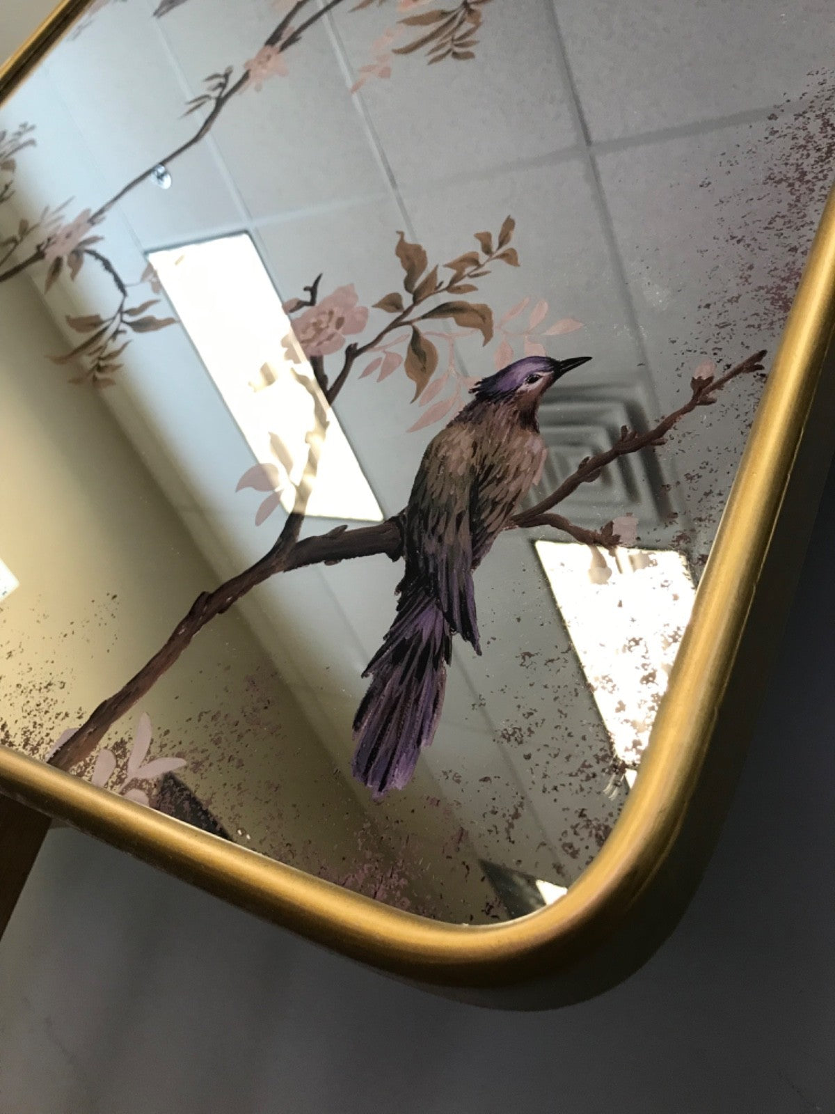 Kirkland's Home Large Gold Trim Mirror- Floral Painting with Birds 30"L x 42.5"H