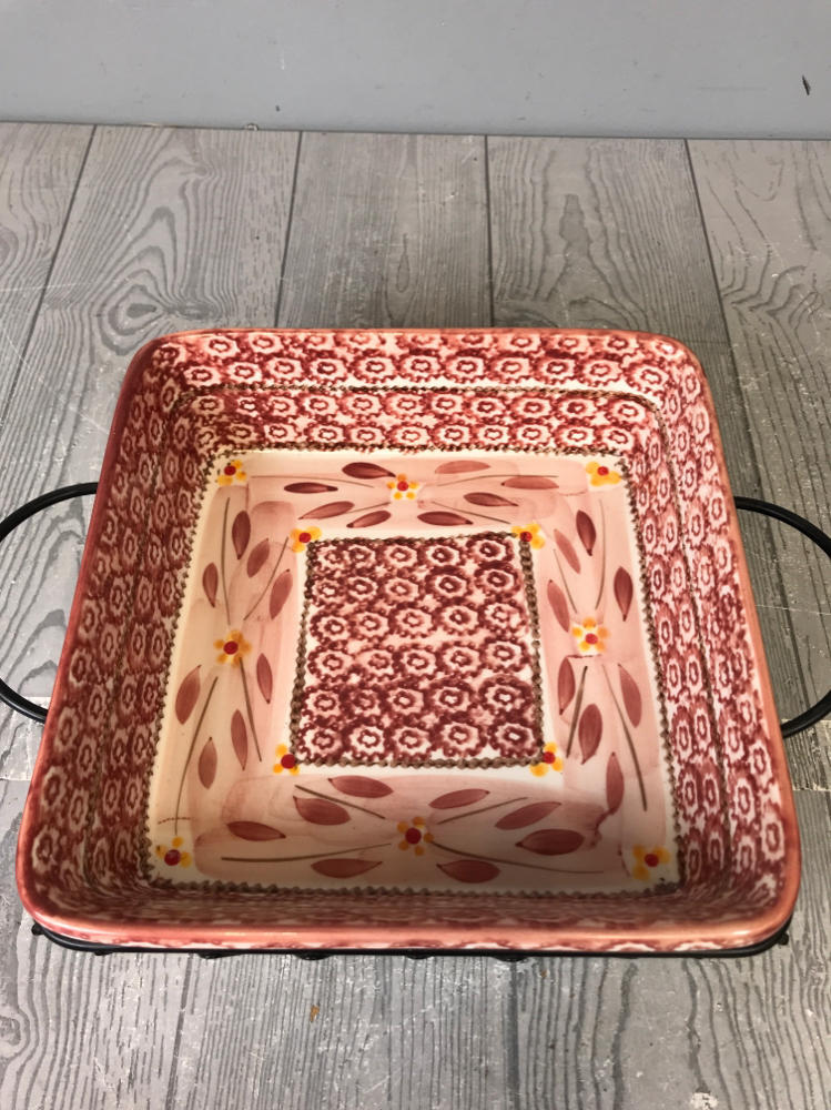 Temp-Tations Old World Cranberry 5 piece Square Baking Dishes w 3 Metal Stands