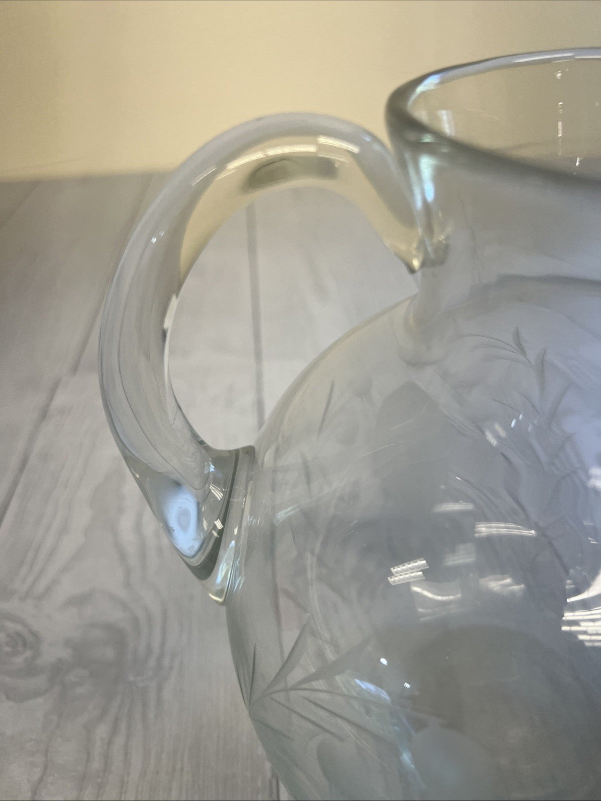 Etched Crystal Pitcher 8" Tall with Vine & Leaves Pattern - Pre-Owned