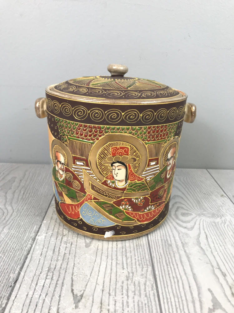 Antique Japanese Pottery Container - Rustic Chinoiserie Folk Hand Painted Jar