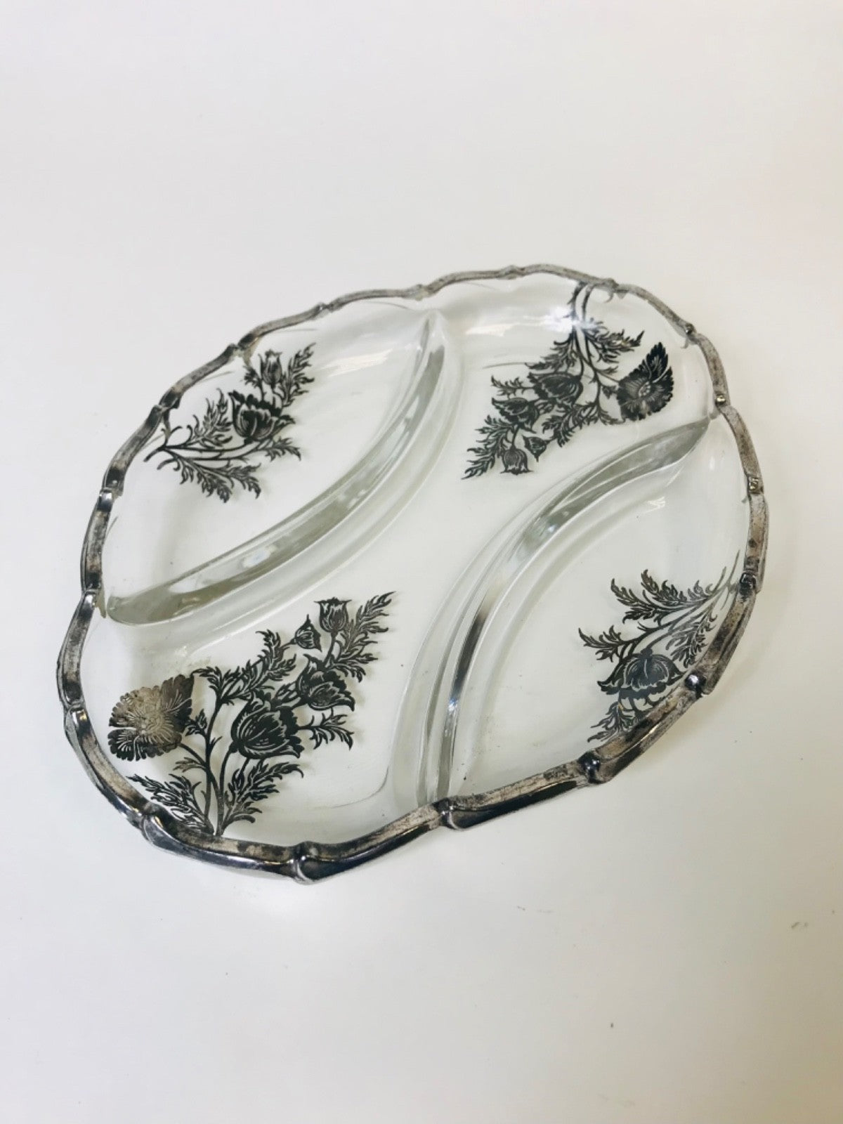 Silver City Glass Company Divided Relish Dish featuring Sterling Silver Overlay