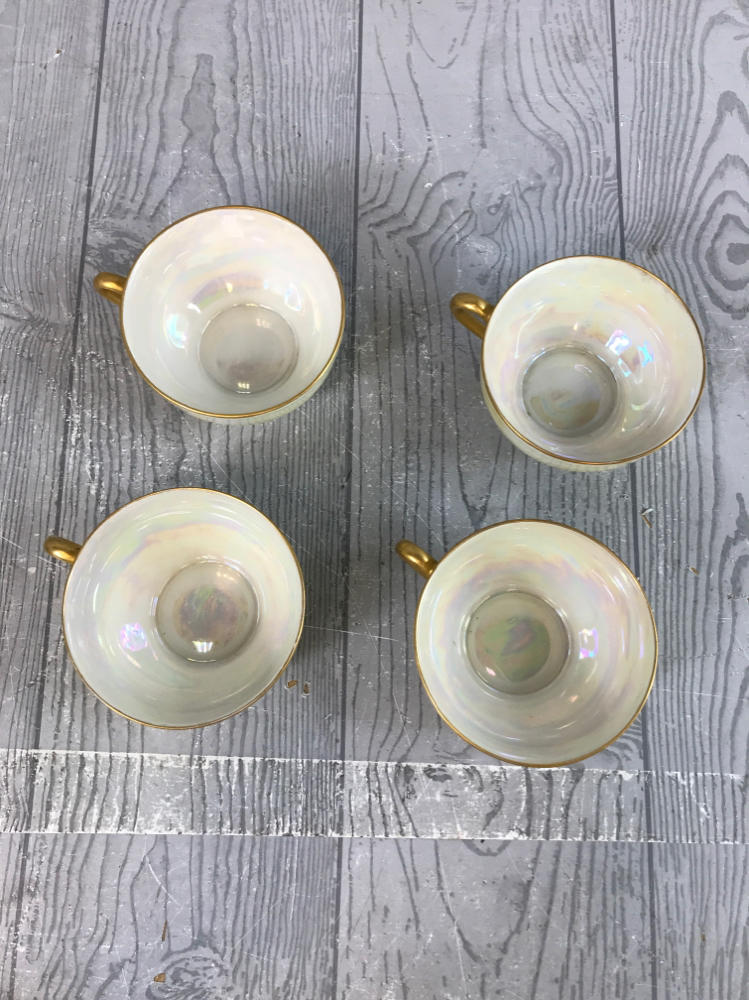 Set of 12 Yellow & White Iridescent Tea Set - 7 Saucers, 4 Cups, 1 Tea Pot