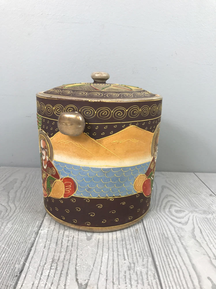 Antique Japanese Pottery Container - Rustic Chinoiserie Folk Hand Painted Jar