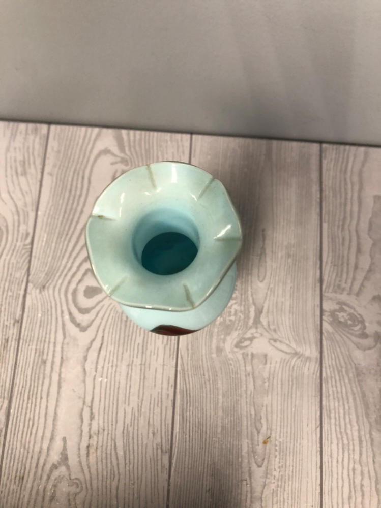Vintage Light Blue Vase Dalian Glass Company Inspired Hand-Painted Scalloped Top