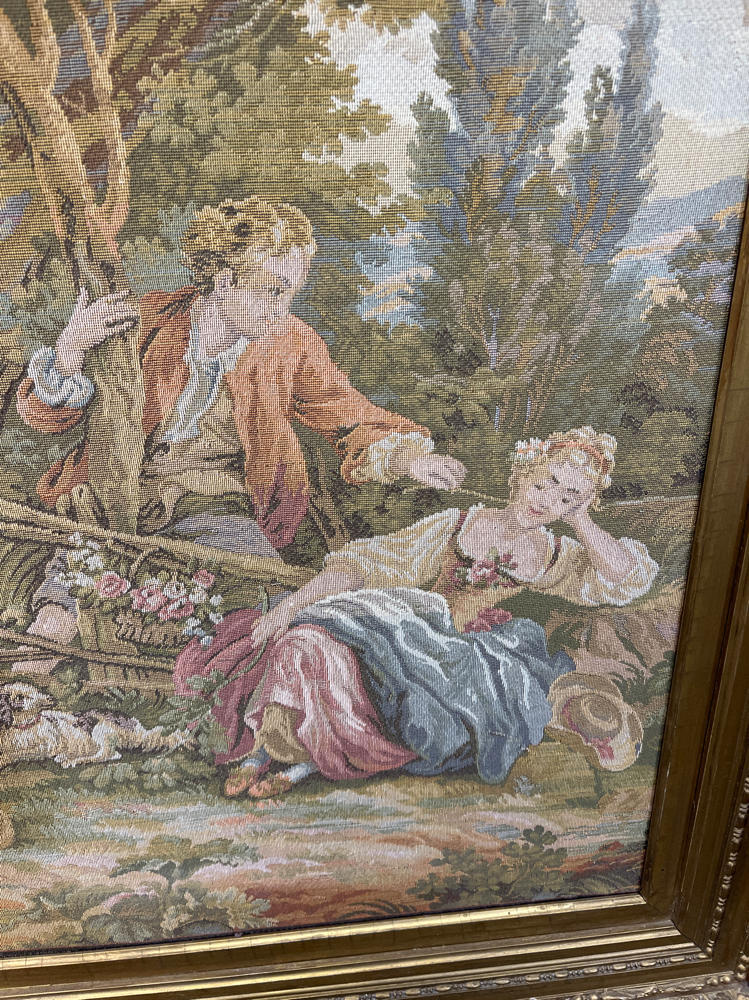 Vintage Pictorial Tapestry Romantic Tapestry in Gilded Wide Gold Frame