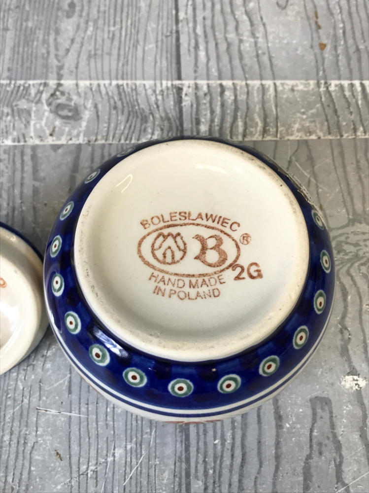 Polish Boleslawiec Pottery Pair of Bowls Cobalt Blue, Sage Green, & Ferrous Red