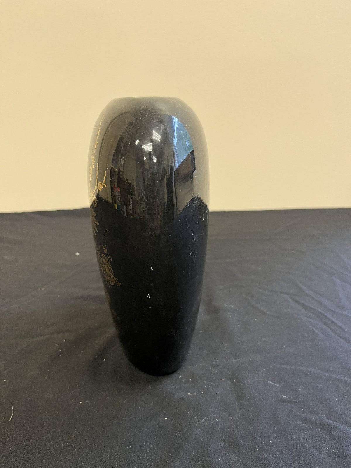 Vintage 80s Black and Gold Peacock Flat Oval Vase 