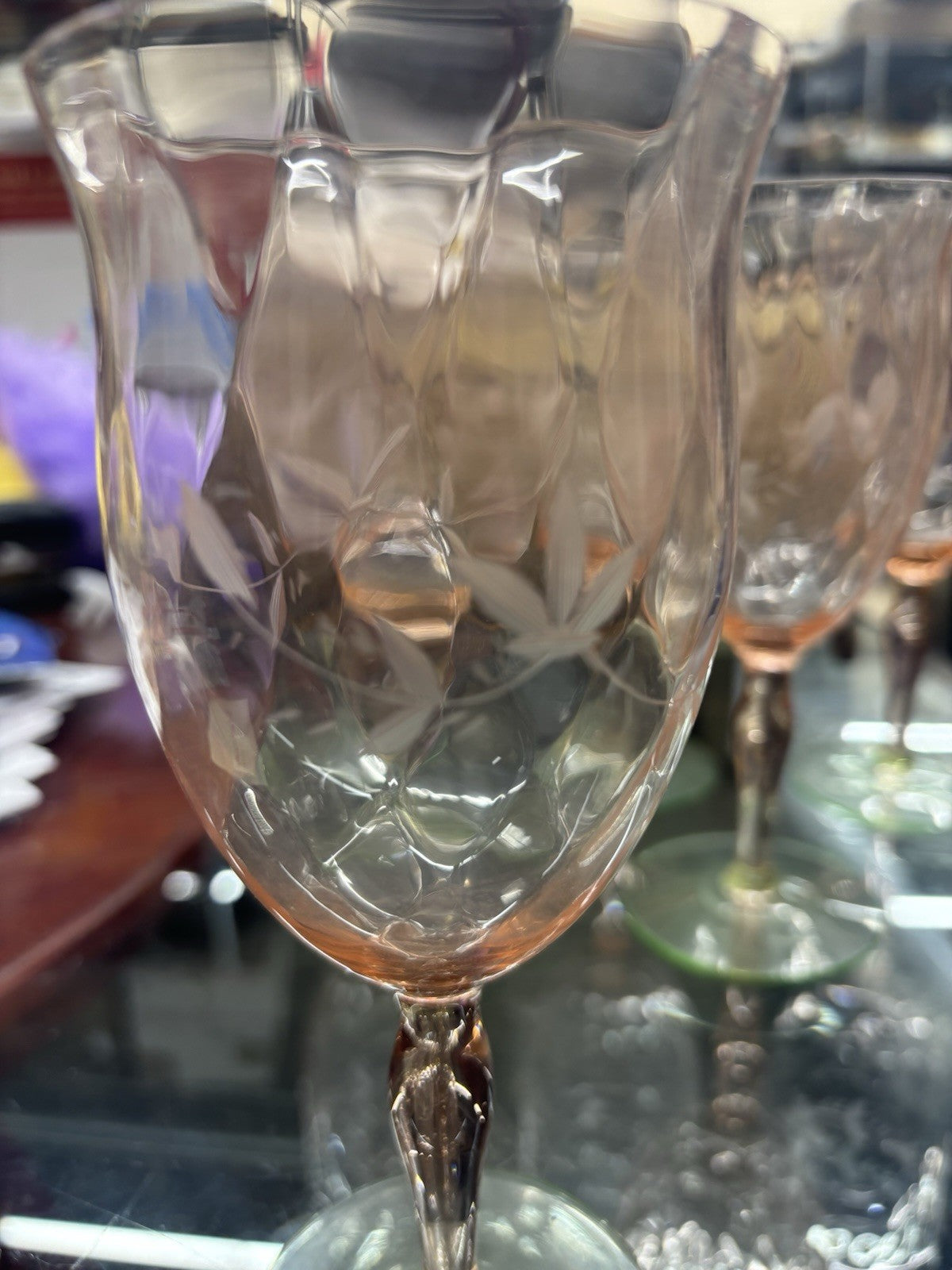 Vintage Pink And Green Tiffin Glass Etched Stemmed Uranium Wine Glasses Set Of 6