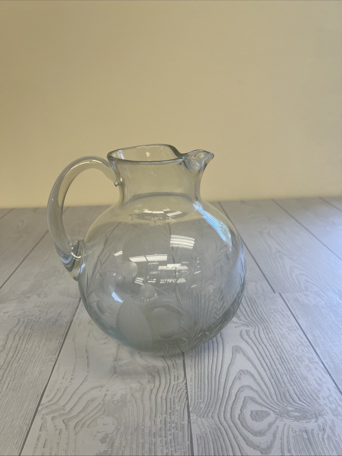 Etched Crystal Pitcher 8" Tall with Vine & Leaves Pattern - Pre-Owned